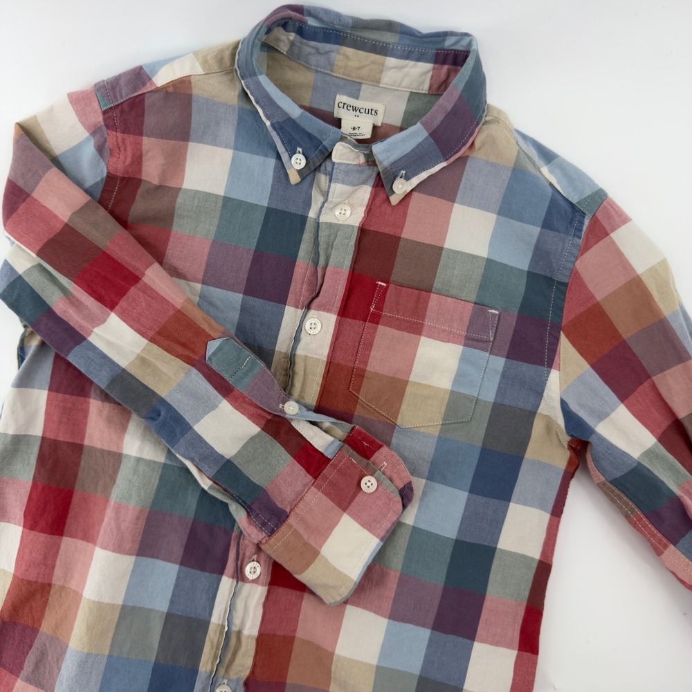 Crewcuts‎ J.Crew Boys Multi Color Plaid Button Down Shirt Size 6-7 Red Blue Tan